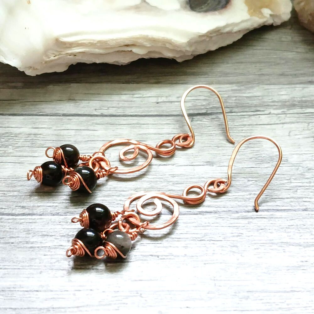 Boho Chic Obsidian Crystal Dangle Earrings, Hammered Copper Gemstone Jewelry - Picture 3 of 4